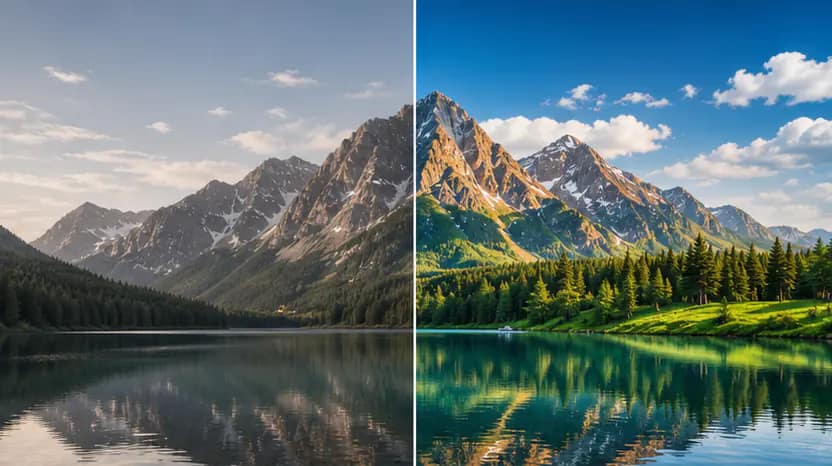 Mountain lake before and after image transformation