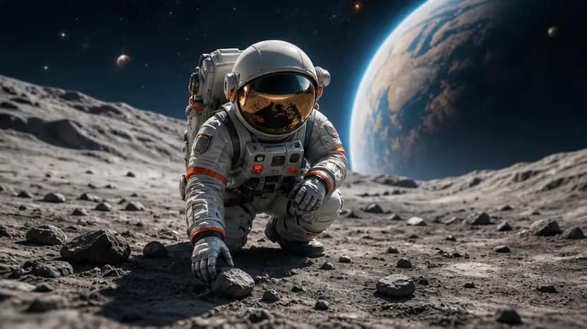 Astronaut on a moonlike surface with a planet behind