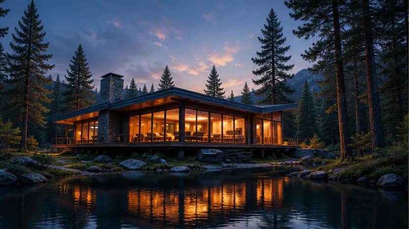 Modern cabin by a forest lake at blue hour