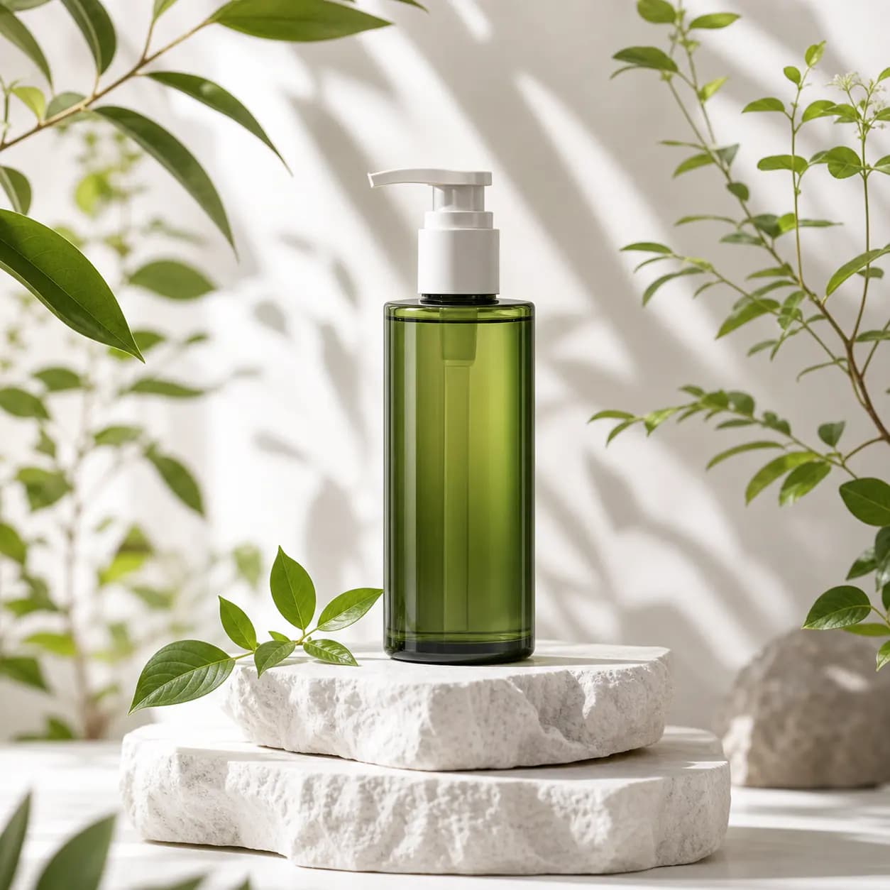 Green skincare product image generated as a commercial example