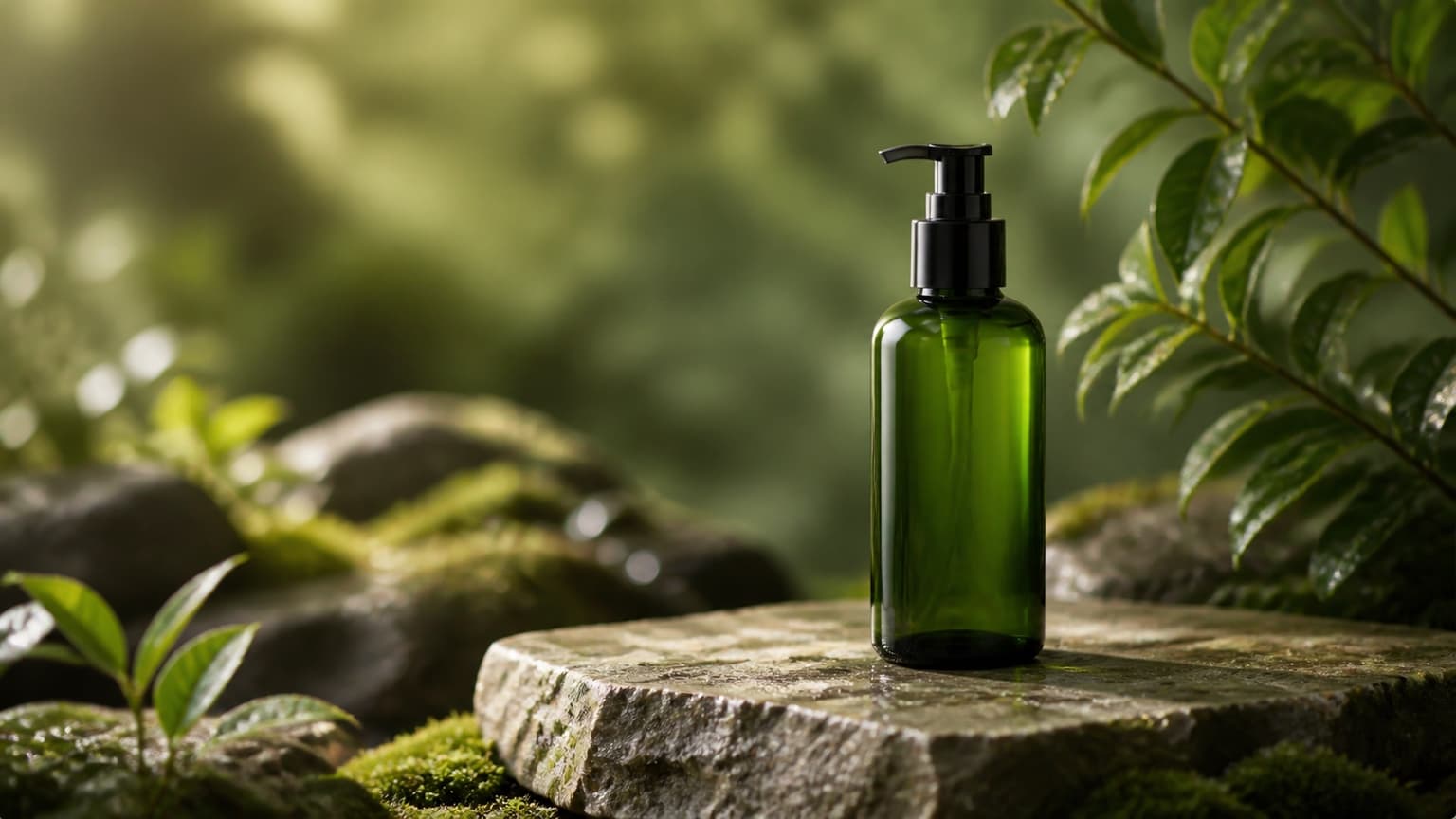 Reference-guided product scene on a pale stone studio plinth