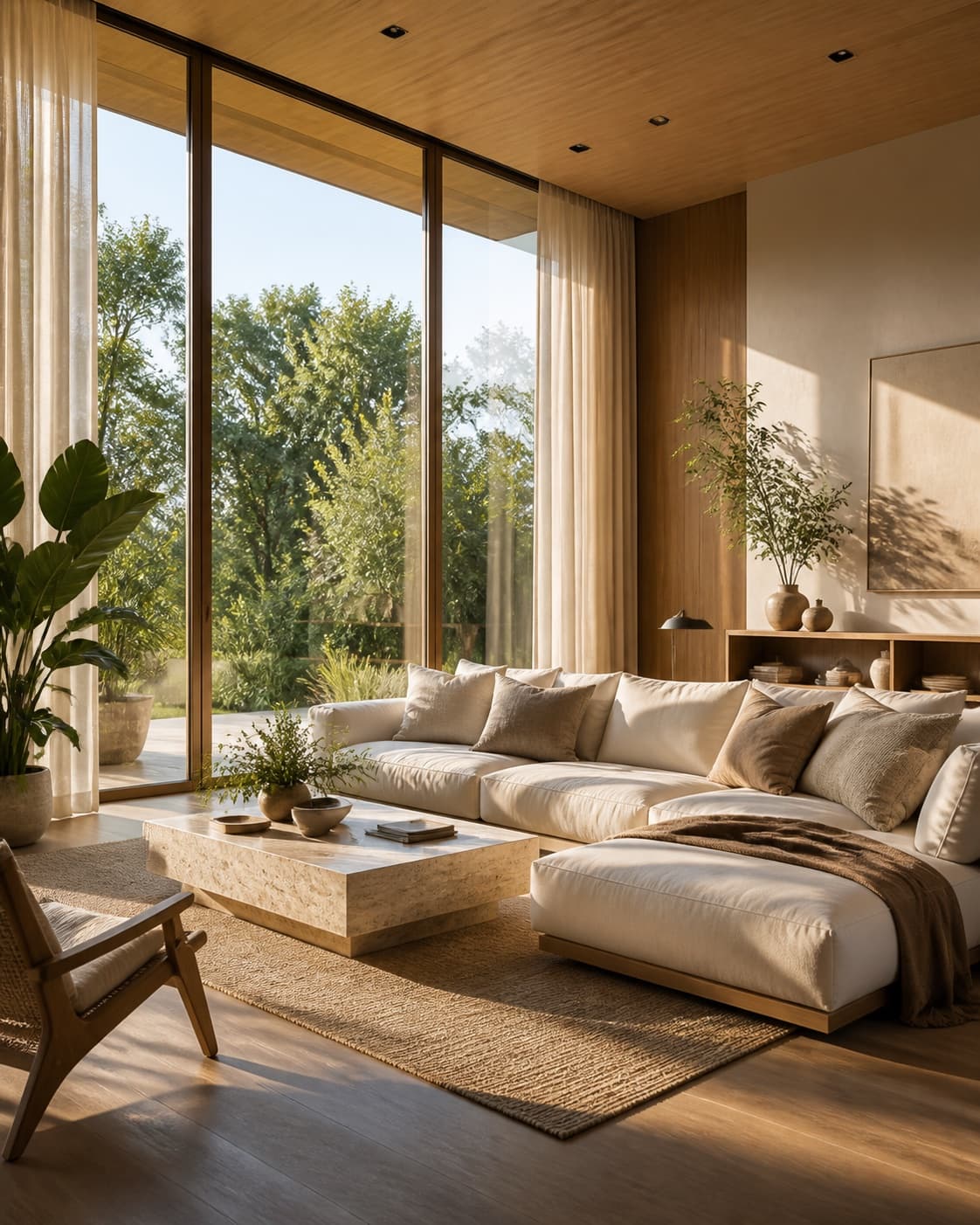 Premium wireless speaker campaign visual in a warm architectural interior