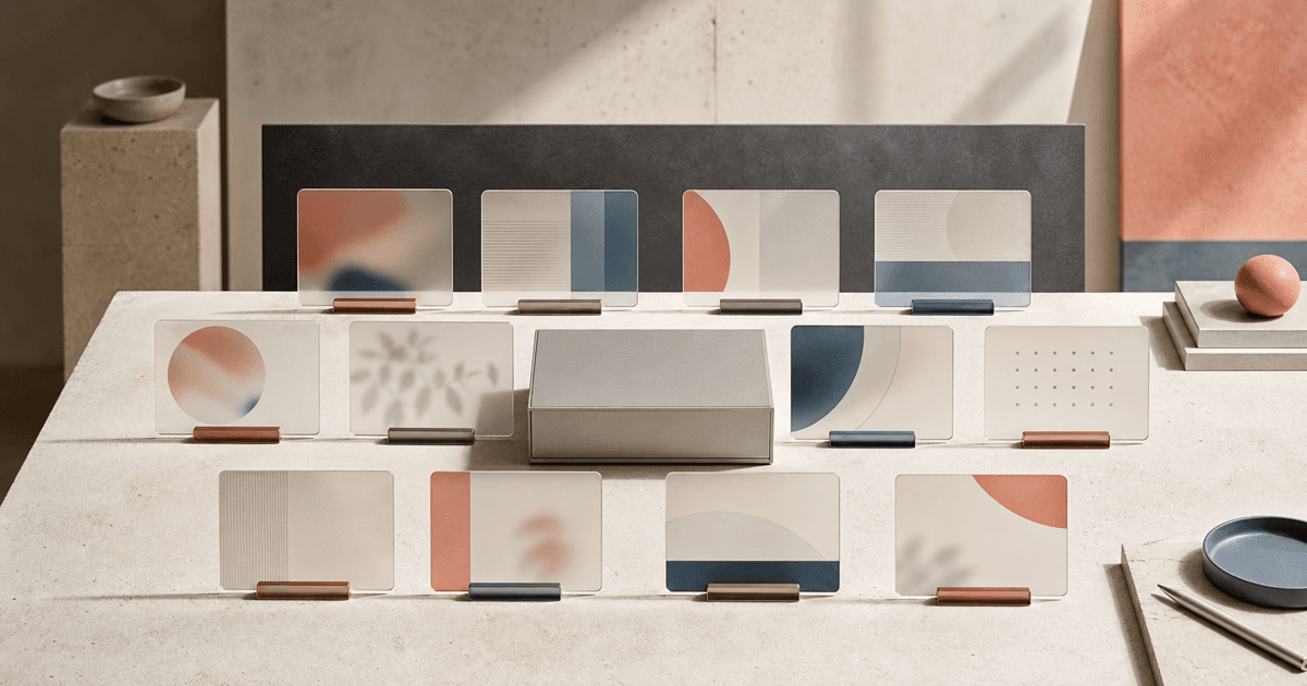 Twelve translucent creative brief cards arranged around a premium product mockup in an editorial studio