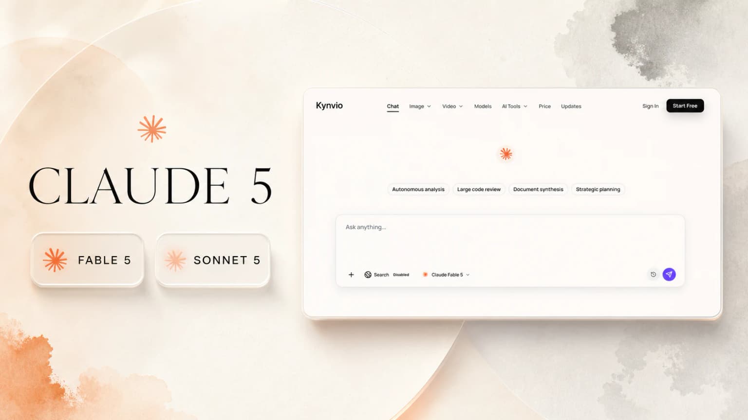 Claude Fable 5 and Claude Sonnet 5 launch artwork with the Kynvio AI model interface