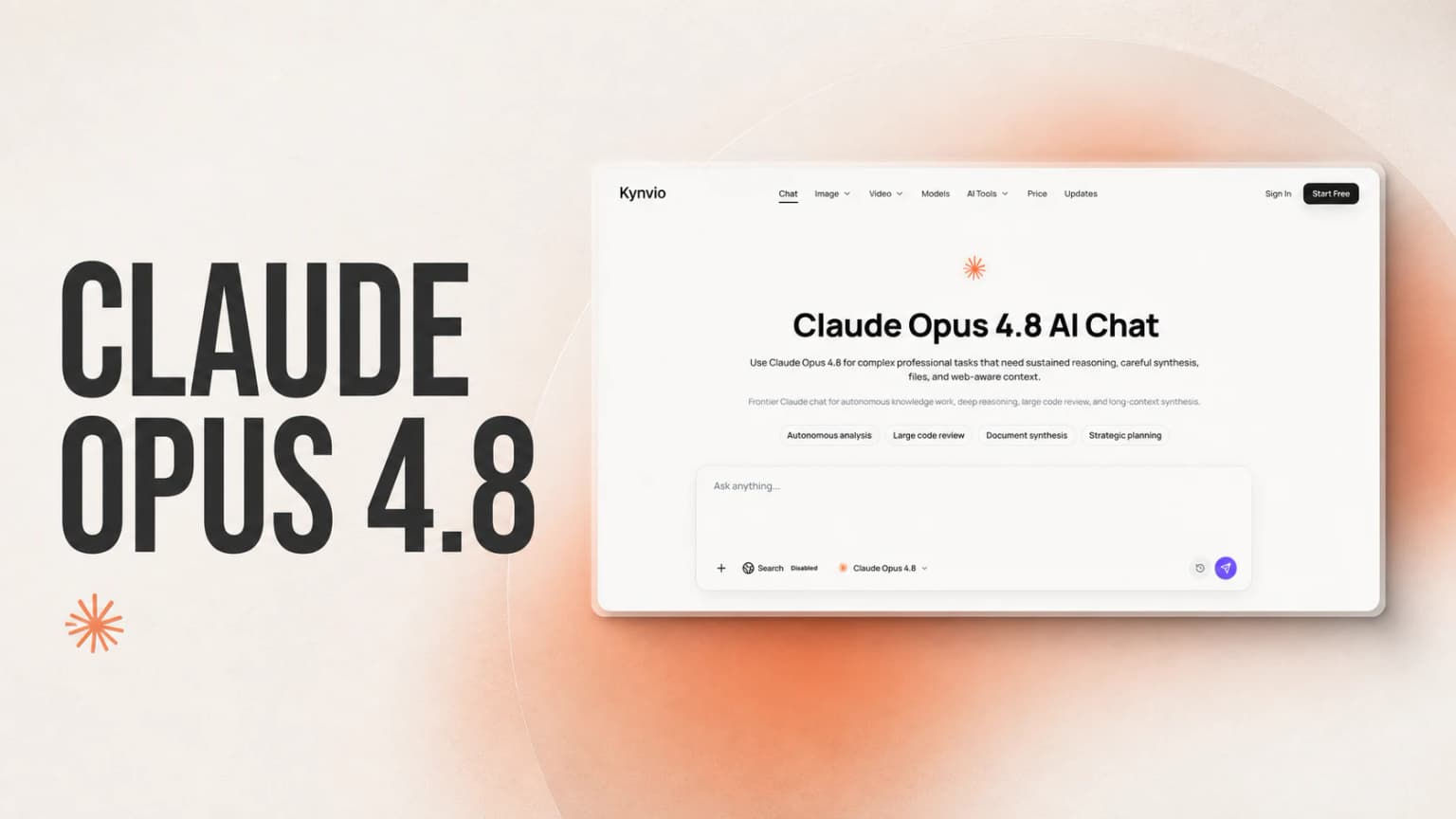 Claude Opus 4.8 launch artwork with the Kynvio AI chat interface