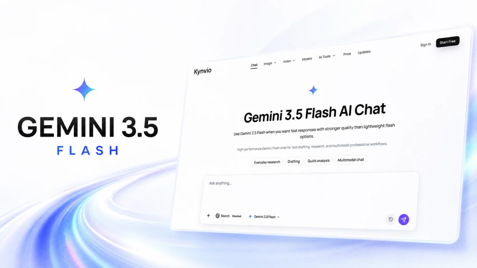 Gemini 3.5 Flash launch artwork with the Kynvio AI chat interface
