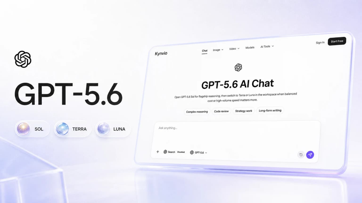 GPT-5.6 Sol, Terra, and Luna launch artwork with the Kynvio AI chat interface