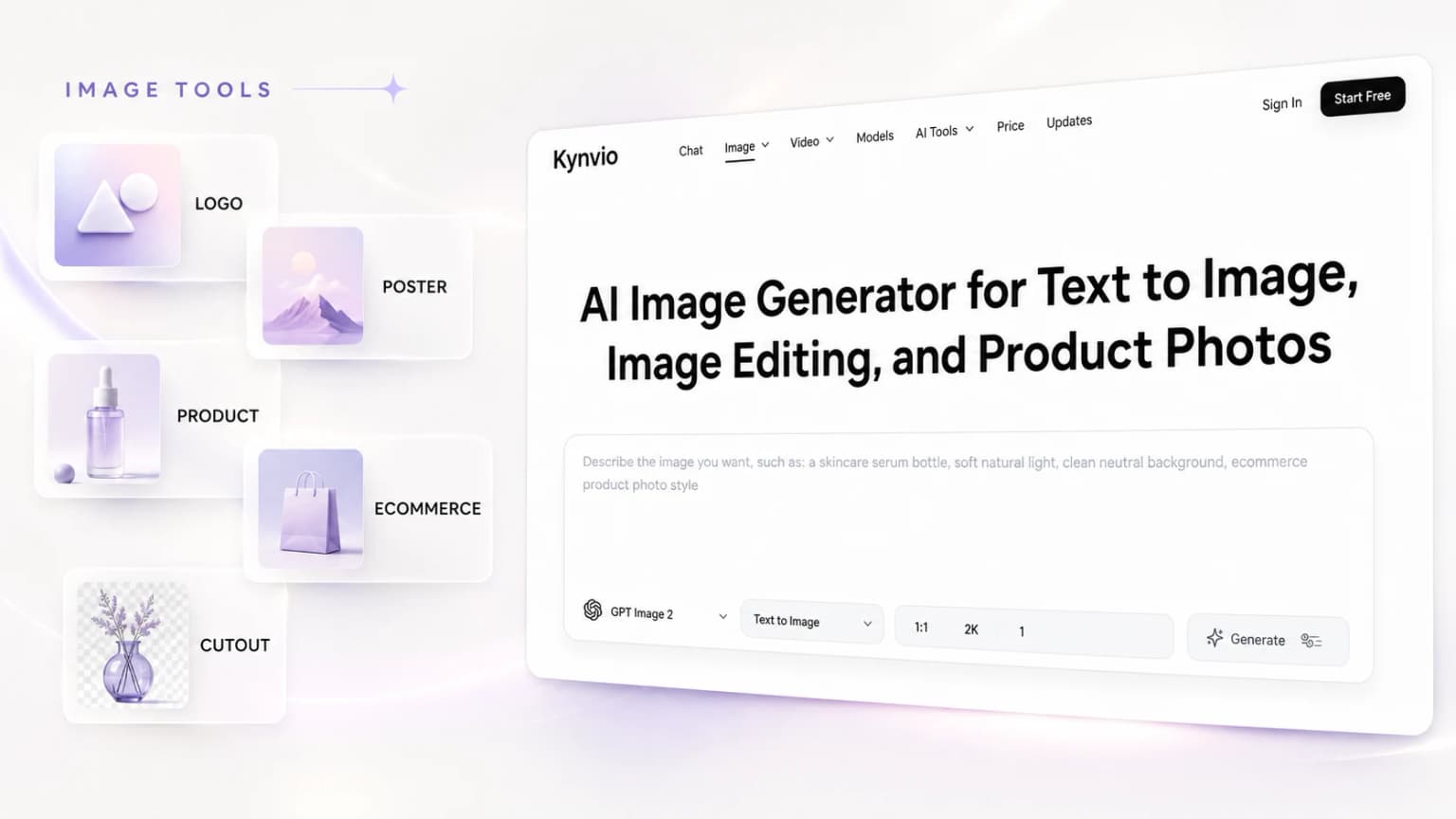 Kynvio AI image tools for logos, posters, product photos, e-commerce images, and cutouts