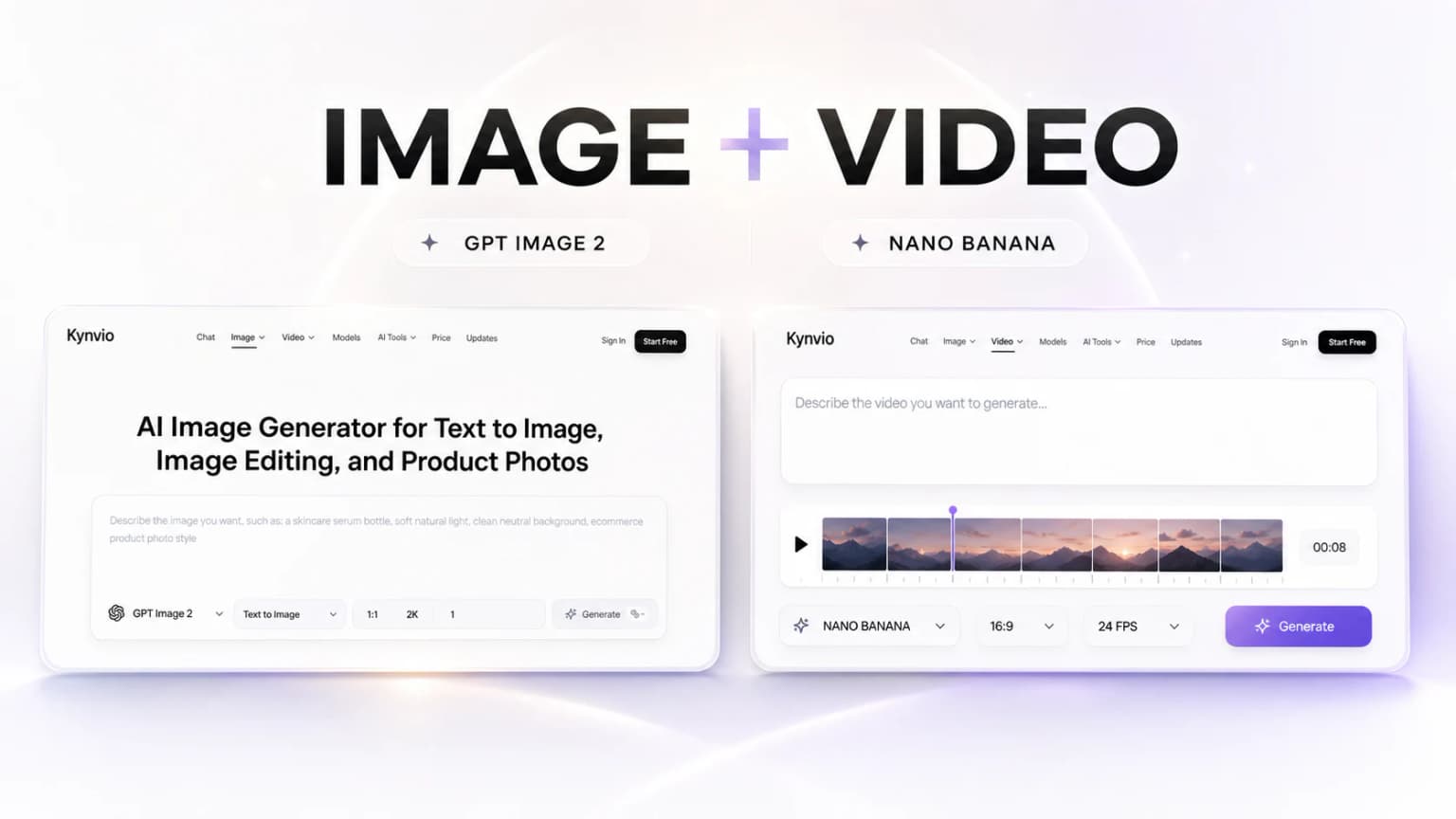 Kynvio AI image and video workspaces with GPT Image 2 and Nano Banana