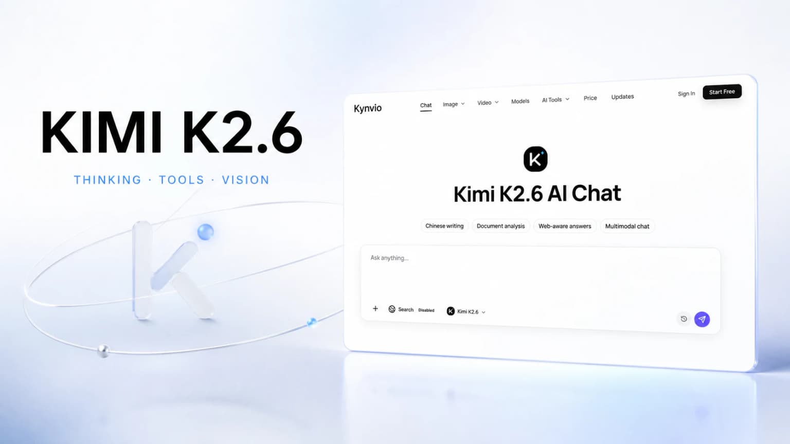 Kimi K2.6 launch artwork with the Kynvio AI chat interface