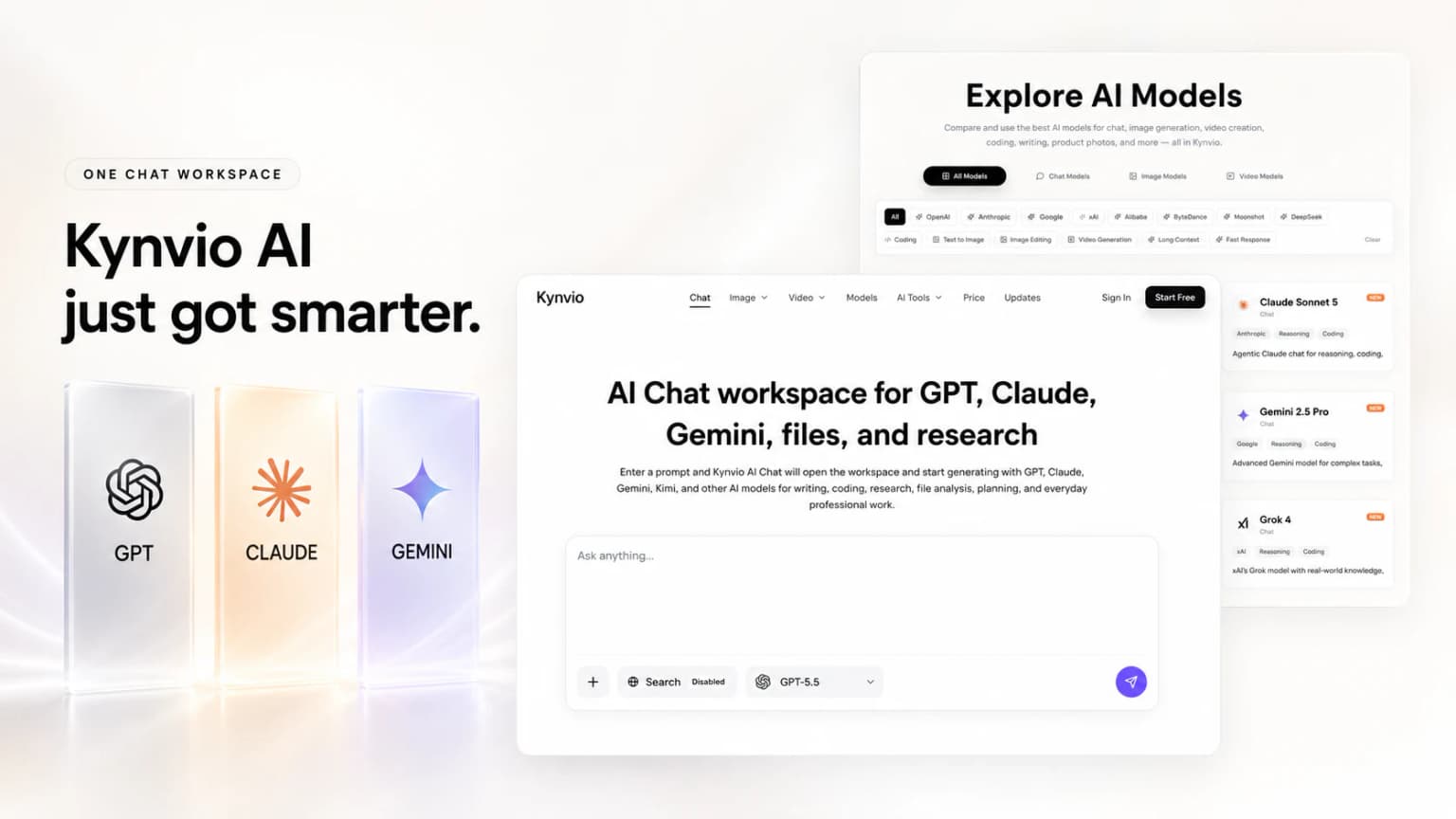 GPT, Claude, and Gemini launch artwork with the Kynvio AI chat workspace