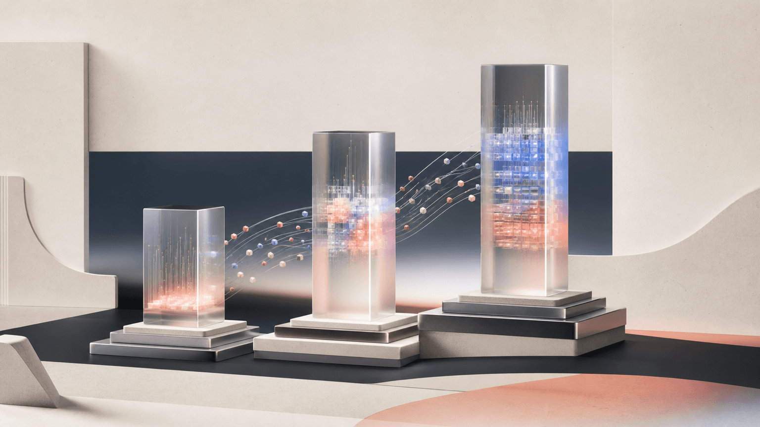Three connected glass towers illustrating efficient, balanced, and flagship GPT-5.6 workload routing