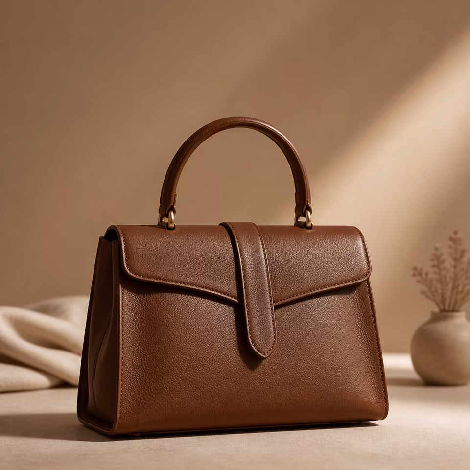 Brown leather handbag commercial product closeup