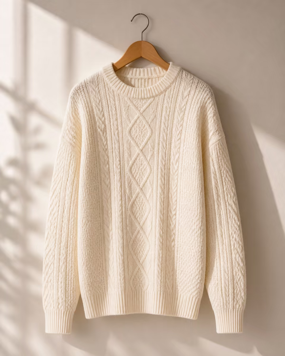 Cream knit sweater on a wooden hanger