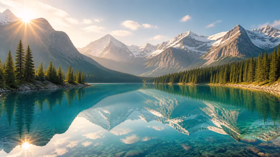 Wide alpine lake and mountain travel banner