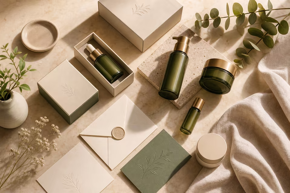 Skincare packaging flatlay generated as an ecommerce image set