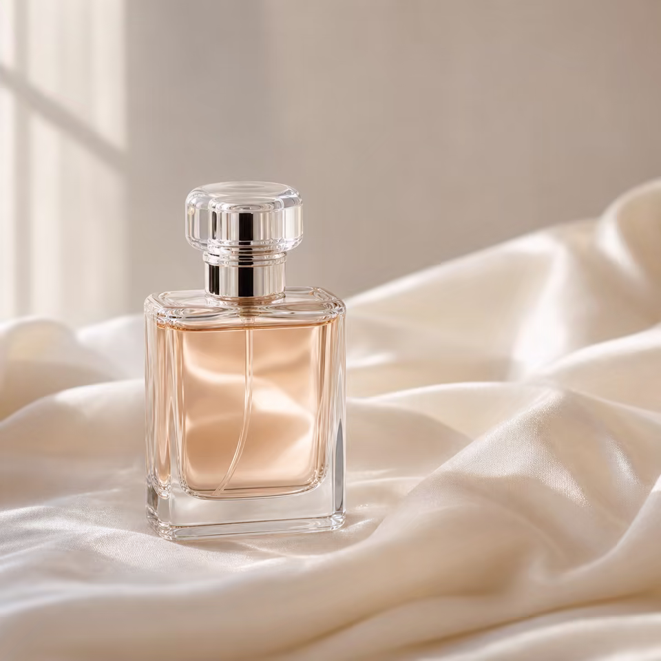 Perfume bottle product photo generated with warm silk reflections