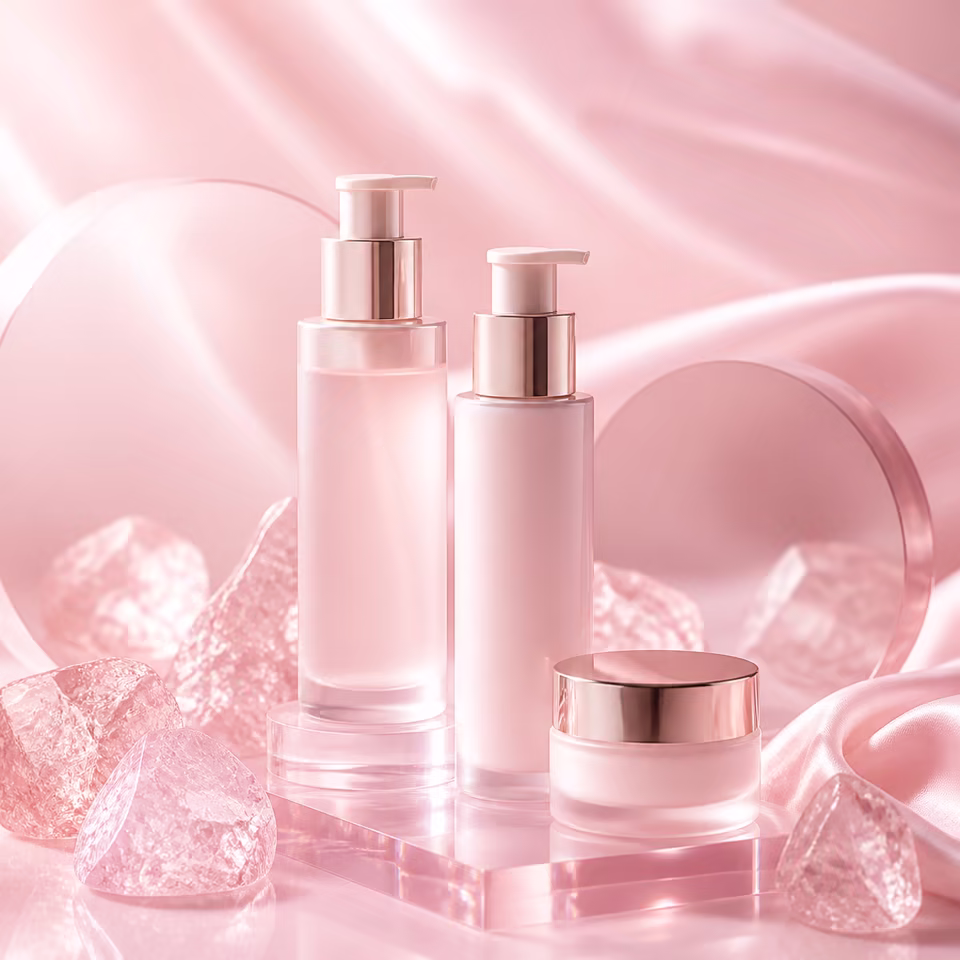 Pink skincare campaign poster generated with glossy studio surfaces