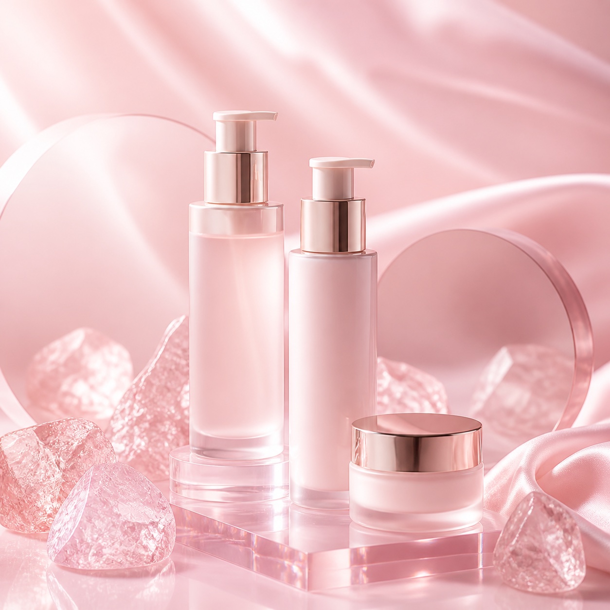 Polished skincare still life with realistic glass and soft reflections