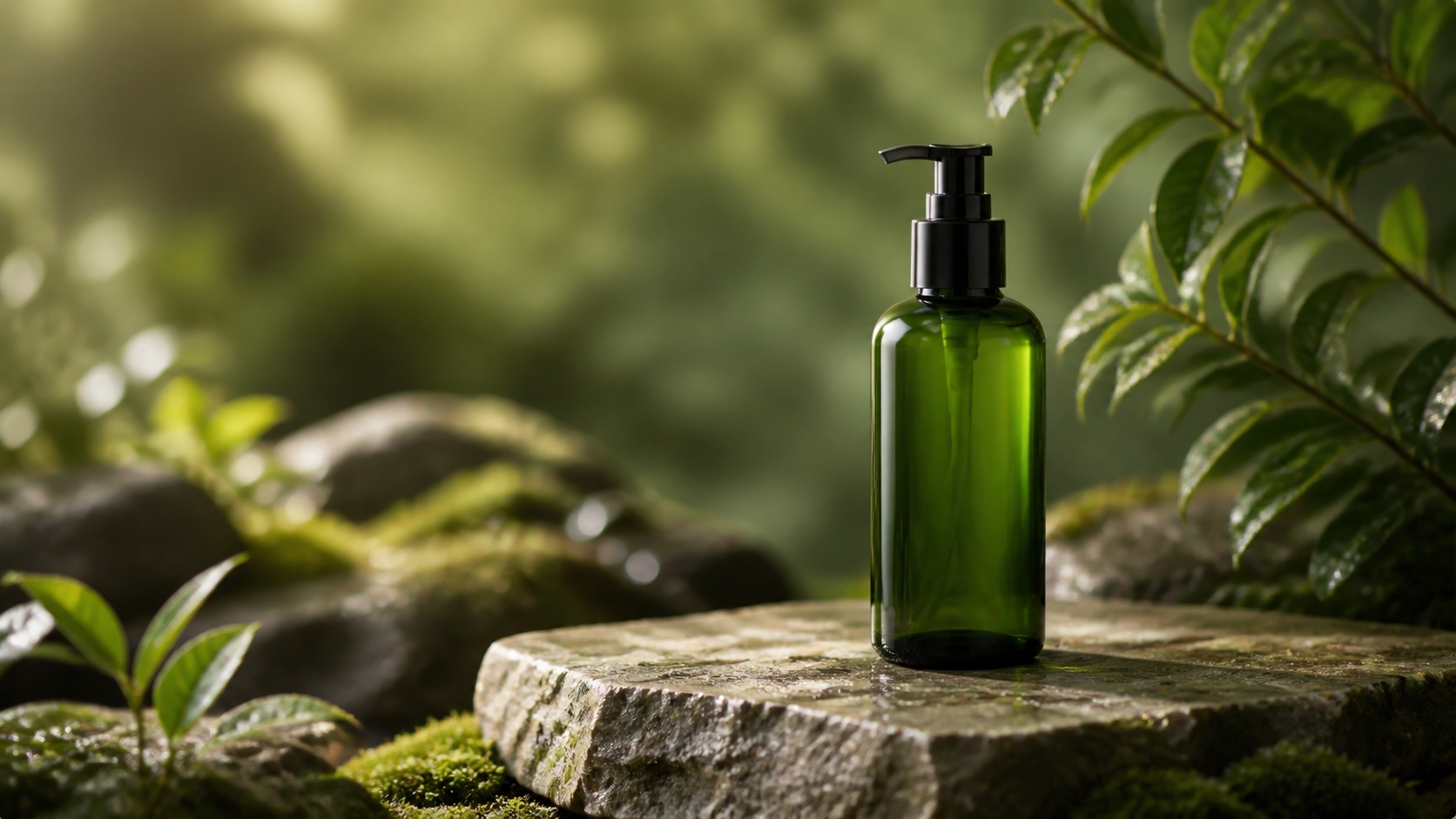 Reference-guided product scene on a pale stone studio plinth