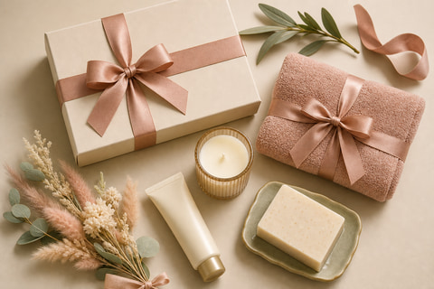Skincare packaging flatlay arranged as an ecommerce bundle