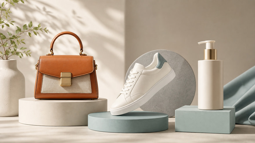 AI ecommerce image generator example with a coordinated handbag, sneaker, and lotion product gallery