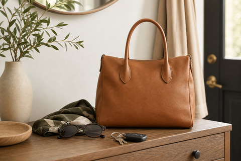 Gold handbag product image with realistic scale and premium light