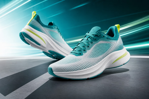 Running shoe before and after AI product advertising photo scene