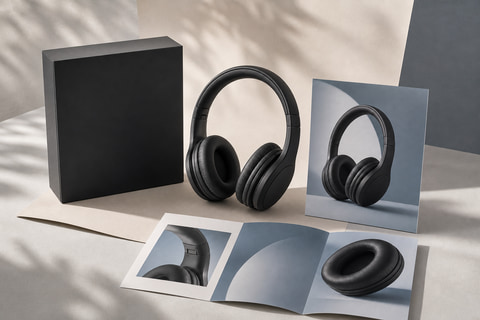 Red headphones before and after AI product brochure photo scene