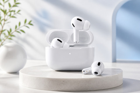 Male model wearing headphones before and after AI product photo scene