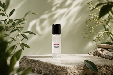 AI background changer placing a skincare product into a botanical brand scene