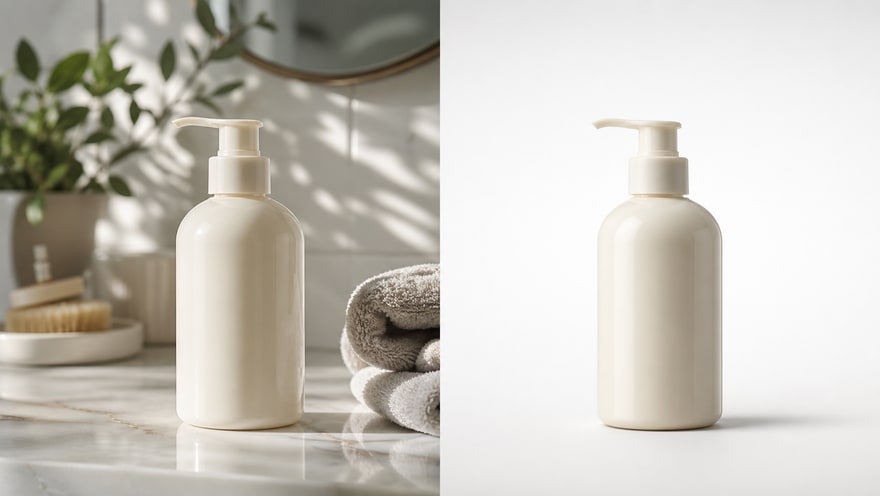 AI background remover example turning a bathroom product photo into a clean white background product image
