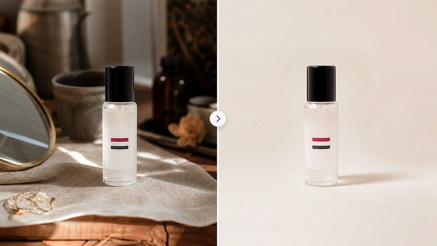 AI background changer example turning a cluttered product image into a clean commercial product photo